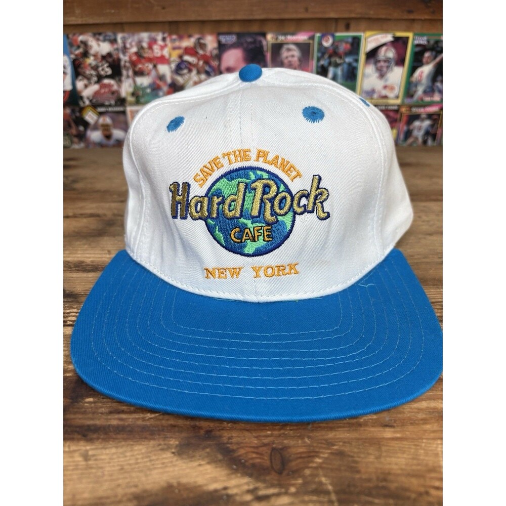 Vintage Hard Rock Cafe New York Save The Planet SnapBack Hat Cap White Blue